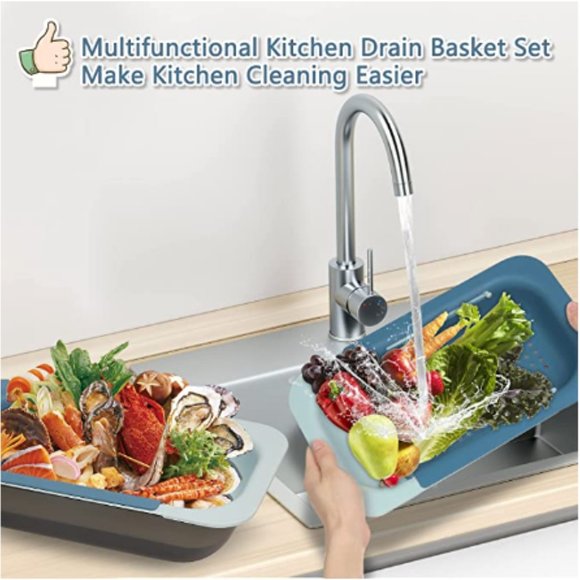 Extendable Over-the-Sink Kitchen Strainer - Colander Basket Set w/ Bowl (Blue) - Picture 4 of 11